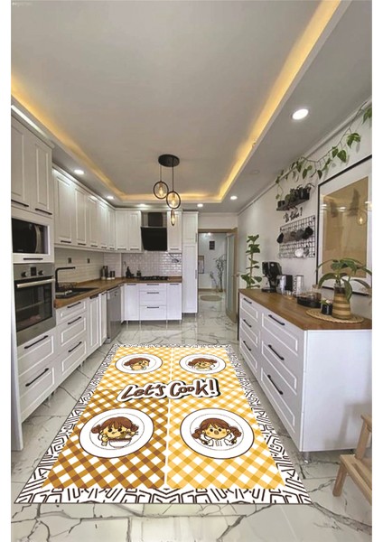 Lets Cook Yazılı Yıkanabilir Kaymaz Taban Modern Mutfak Halısı, Mutfak-36-Kahve, fırsatları