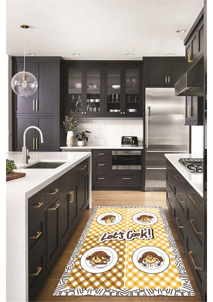 Lets Cook Yazılı Yıkanabilir Kaymaz Taban Modern Mutfak Halısı, Mutfak-36-Kahve, indirimleri