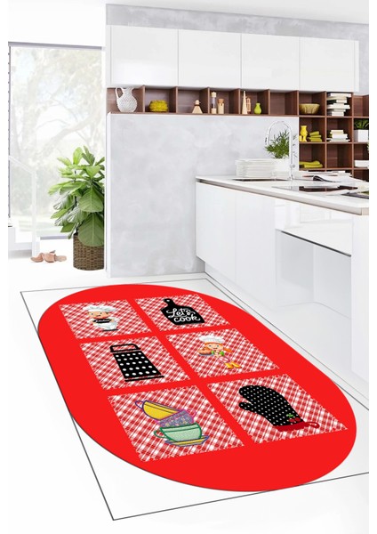 Dijital Baskılı Kaymaz Taban Yıkanabilir Renkli Modern Şık Oval Mutfak Halısı, O-Mutfak-43-Kırmızı,
