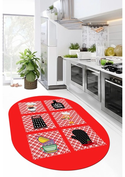 Dijital Baskılı Kaymaz Taban Yıkanabilir Renkli Modern Şık Oval Mutfak Halısı, O-Mutfak-43-Kırmızı, fiyatları