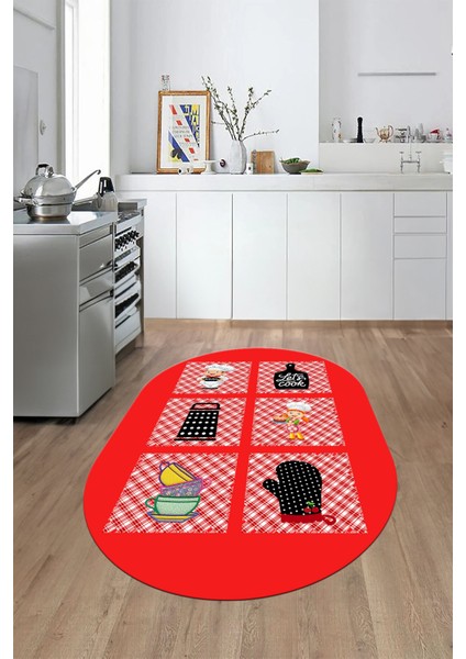 Dijital Baskılı Kaymaz Taban Yıkanabilir Renkli Modern Şık Oval Mutfak Halısı, O-Mutfak-43-Kırmızı, fırsatları