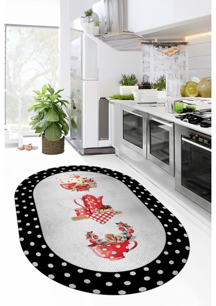 Dijital Baskılı Yıkanabilir Kaymaz Fincan Çiçek Desenli Oval Mutfak Halısı, O-Mutfak-01-Renkli,