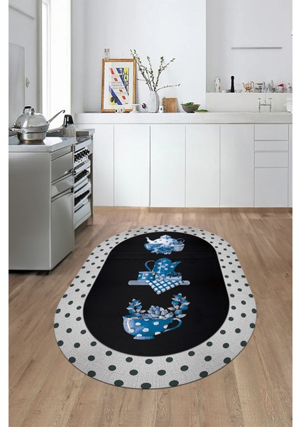 Dijital Baskılı Yıkanabilir Kaymaz Fincan Çiçek Desenli Oval Mutfak Halısı, O-Mutfak-01-Mavi, modelleri