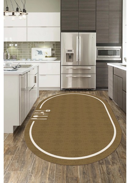 Dijital Baskılı Kaymaz Yıkanabilir Sade Çerçeveli Oval Mutfak Halısı, O-Mutfak-06-Kahve, fiyatları