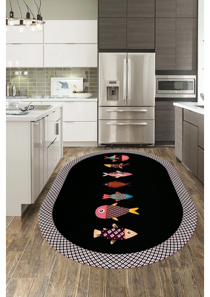 Dijital Baskılı Kaymaz Yıkanabilir Renkli Balık Desen Oval Mutfak Halısı, O-Mutfak-11-Antrasit,
