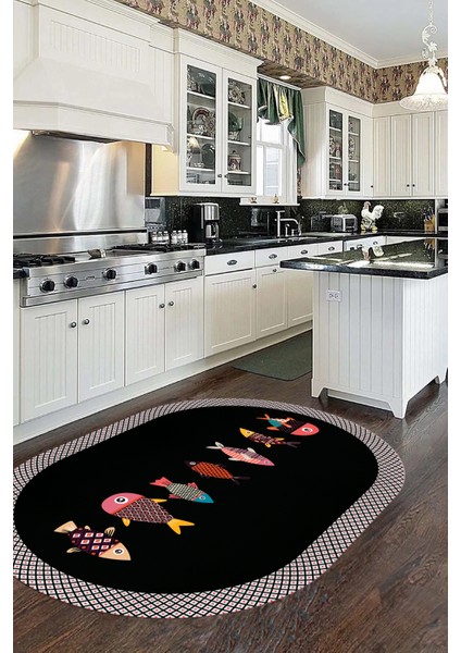 Dijital Baskılı Kaymaz Yıkanabilir Renkli Balık Desen Oval Mutfak Halısı, O-Mutfak-11-Antrasit, modelleri