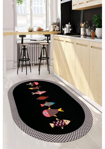 Dijital Baskılı Kaymaz Yıkanabilir Renkli Balık Desen Oval Mutfak Halısı, O-Mutfak-11-Antrasit, fırsatları