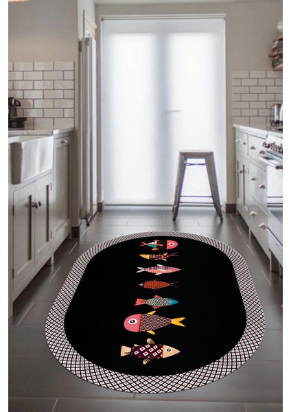Dijital Baskılı Kaymaz Yıkanabilir Renkli Balık Desen Oval Mutfak Halısı, O-Mutfak-11-Antrasit, indirimleri