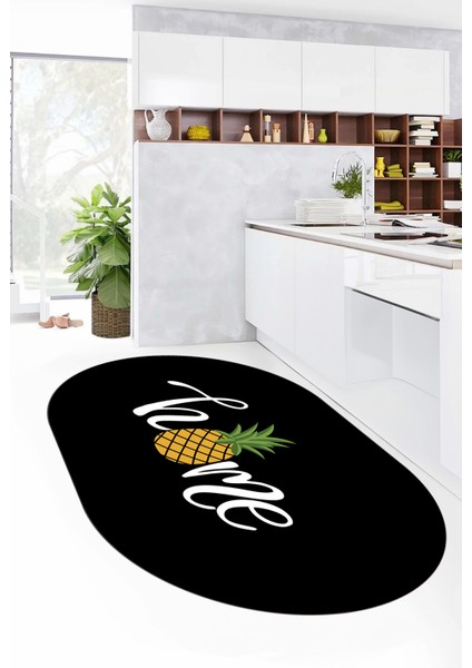 Home Yazılı Ananas Desenli Yıkanabilir Kaymaz Oval Mutfak Halısı, O-Mutfak-31-Siyah, modelleri