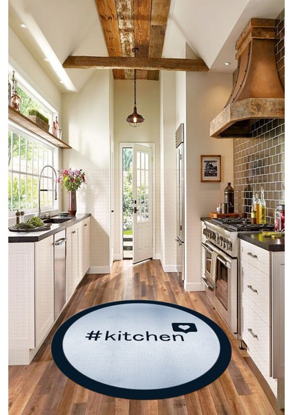 Dijital Yıkanabilir Kaymaz Kitchen Yazılı Çerçeveli Yuvarlak Mutfak Halısı, Y-Mutfak-02-Mavi,