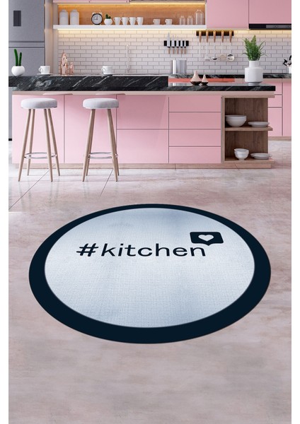 Dijital Yıkanabilir Kaymaz Kitchen Yazılı Çerçeveli Yuvarlak Mutfak Halısı, Y-Mutfak-02-Mavi,