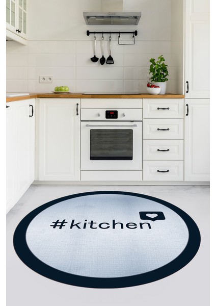 Dijital Yıkanabilir Kaymaz Kitchen Yazılı Çerçeveli Yuvarlak Mutfak Halısı, Y-Mutfak-02-Mavi,