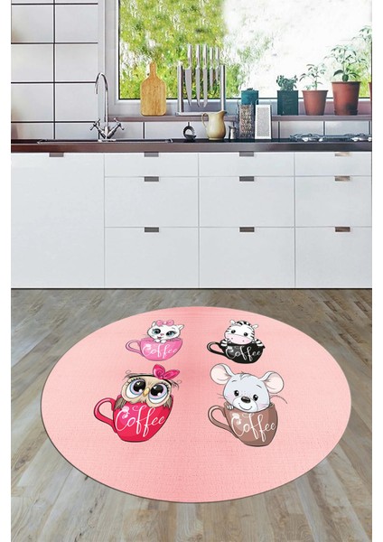 Sevimli Hayvanlar Fincan Desenli Yıkanabilir Yuvarlak Mutfak Halısı, Y-Mutfak-07-Pembe,