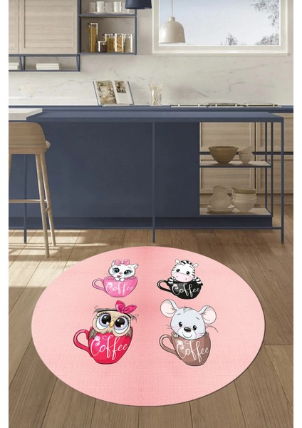 Sevimli Hayvanlar Fincan Desenli Yıkanabilir Yuvarlak Mutfak Halısı, Y-Mutfak-07-Pembe,