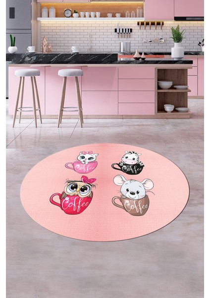 Sevimli Hayvanlar Fincan Desenli Yıkanabilir Yuvarlak Mutfak Halısı, Y-Mutfak-07-Pembe,