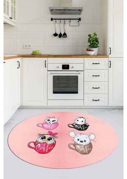 Sevimli Hayvanlar Fincan Desenli Yıkanabilir Yuvarlak Mutfak Halısı, Y-Mutfak-07-Pembe,