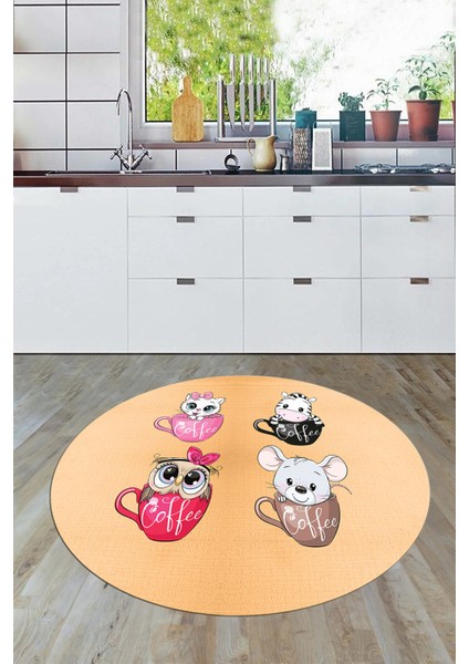 Sevimli Hayvanlar Fincan Desenli Yıkanabilir Yuvarlak Mutfak Halısı, Y-Mutfak-07-Turuncu,