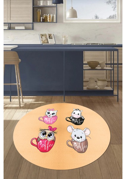 Sevimli Hayvanlar Fincan Desenli Yıkanabilir Yuvarlak Mutfak Halısı, Y-Mutfak-07-Turuncu, fiyatları