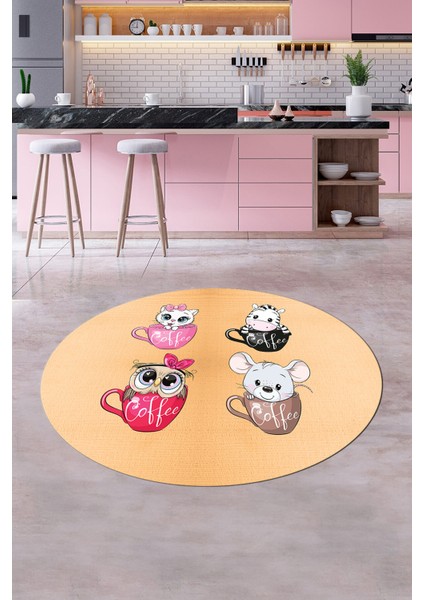 Sevimli Hayvanlar Fincan Desenli Yıkanabilir Yuvarlak Mutfak Halısı, Y-Mutfak-07-Turuncu, modelleri
