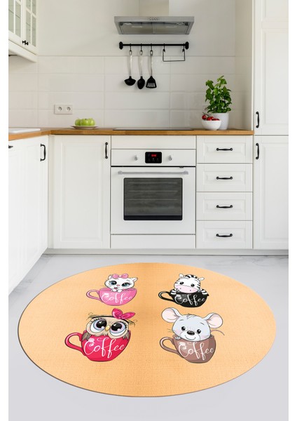 Sevimli Hayvanlar Fincan Desenli Yıkanabilir Yuvarlak Mutfak Halısı, Y-Mutfak-07-Turuncu, fırsatları