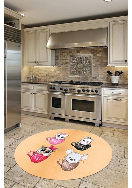 Sevimli Hayvanlar Fincan Desenli Yıkanabilir Yuvarlak Mutfak Halısı, Y-Mutfak-07-Turuncu, indirimleri