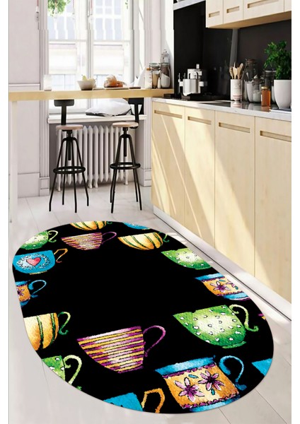 Dijital Baskılı Kaymaz Taban Renkli Fincanlar Oval Mutfak Halısı, O-Mutfak-26-Siyah,