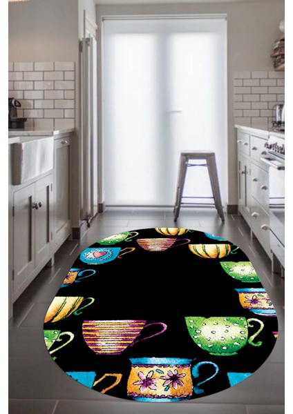 Dijital Baskılı Kaymaz Taban Renkli Fincanlar Oval Mutfak Halısı, O-Mutfak-26-Siyah, fiyatları