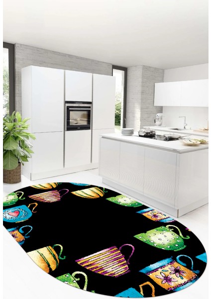 Dijital Baskılı Kaymaz Taban Renkli Fincanlar Oval Mutfak Halısı, O-Mutfak-26-Siyah, modelleri