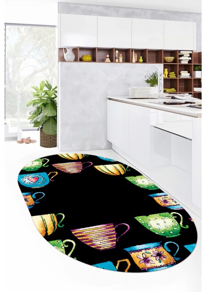 Dijital Baskılı Kaymaz Taban Renkli Fincanlar Oval Mutfak Halısı, O-Mutfak-26-Siyah, fırsatları