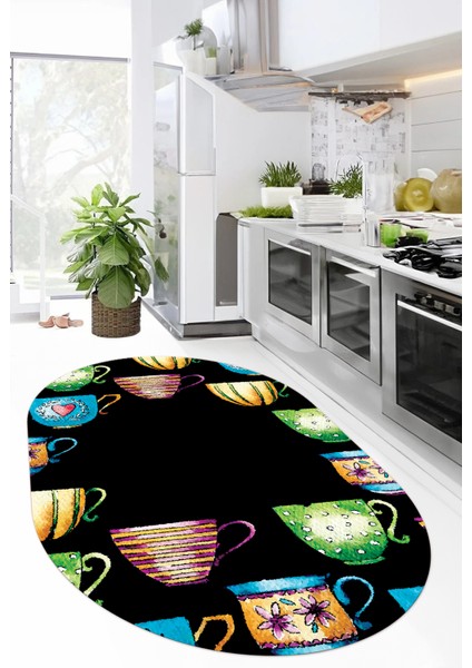 Dijital Baskılı Kaymaz Taban Renkli Fincanlar Oval Mutfak Halısı, O-Mutfak-26-Siyah, indirimleri