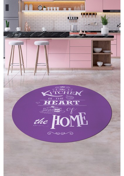 Kitchen Home Yazılı Kaymaz Taban Yıkanabilir Yuvarlak Mutfak Halısı, Y-Mutfak-15-Mor, fiyatları