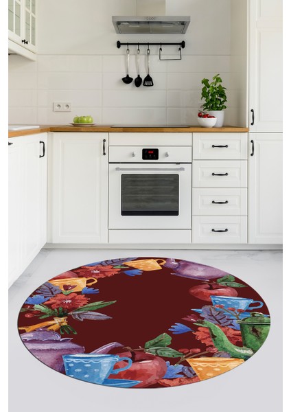 Dijital Baskılı Kaymaz Taban Renkli Fincan Motifli Yuvarlak Mutfak Halısı, Y-Mutfak-25-Renkli,