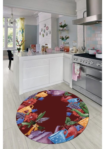 Dijital Baskılı Kaymaz Taban Renkli Fincan Motifli Yuvarlak Mutfak Halısı, Y-Mutfak-25-Renkli, modelleri