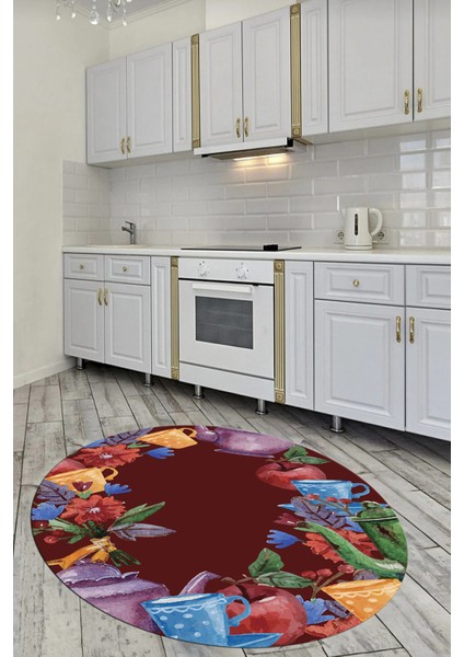 Dijital Baskılı Kaymaz Taban Renkli Fincan Motifli Yuvarlak Mutfak Halısı, Y-Mutfak-25-Renkli, fırsatları