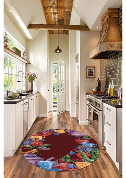Dijital Baskılı Kaymaz Taban Renkli Fincan Motifli Yuvarlak Mutfak Halısı, Y-Mutfak-25-Renkli, indirimleri