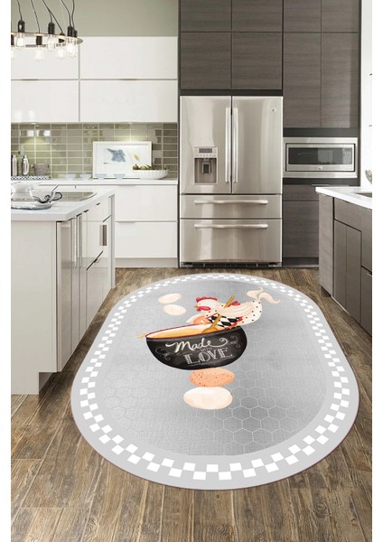 Aşçı Horoz Desenli Yıkanabilir Kaymaz Taban Oval Mutfak Halısı, O-Mutfak-08-Gri,