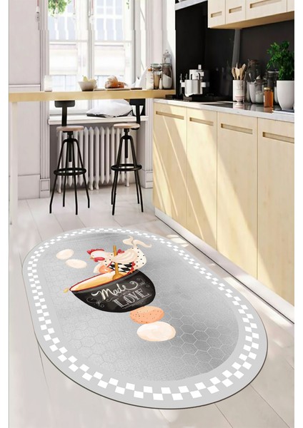 Aşçı Horoz Desenli Yıkanabilir Kaymaz Taban Oval Mutfak Halısı, O-Mutfak-08-Gri, fırsatları