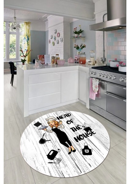 Dijital Baskılı Kaymaz Taban Yıkanabilir Renkli Desenli Yuvarlak Mutfak Halısı, Y-Mutfak-39-Beyaz,