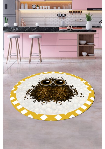 Baykuş Desenli Çerçeveli Kaymaz Yıkanabilir Şık Yuvarlak Mutfak Halısı, Y-Mutfak-46-Turuncu, indirimleri