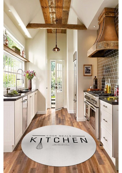 Dijital Yıkanabilir Kaymaz Kitchen Yazılı Modern Yuvarlak Mutfak Halısı, Y-Mutfak-04-Krem,