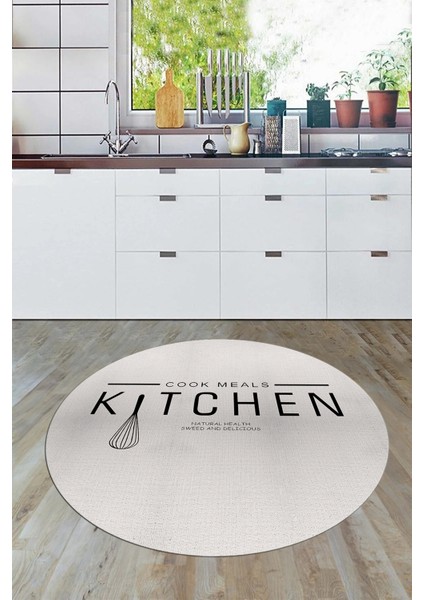 Dijital Yıkanabilir Kaymaz Kitchen Yazılı Modern Yuvarlak Mutfak Halısı, Y-Mutfak-04-Krem,