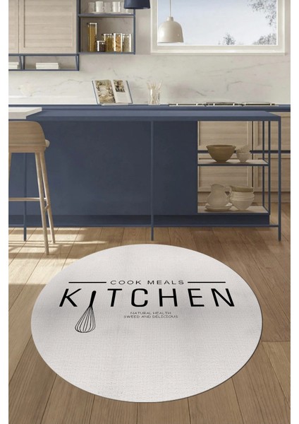 Dijital Yıkanabilir Kaymaz Kitchen Yazılı Modern Yuvarlak Mutfak Halısı, Y-Mutfak-04-Krem,