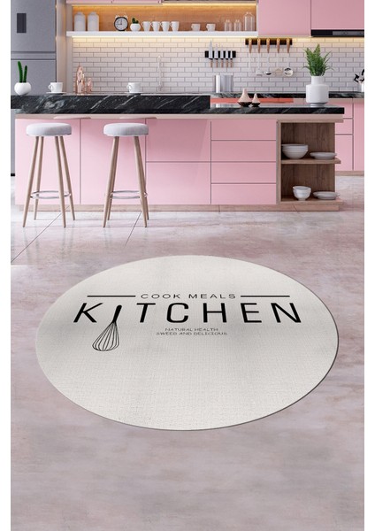 Dijital Yıkanabilir Kaymaz Kitchen Yazılı Modern Yuvarlak Mutfak Halısı, Y-Mutfak-04-Krem,