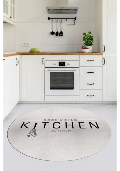 Dijital Yıkanabilir Kaymaz Kitchen Yazılı Modern Yuvarlak Mutfak Halısı, Y-Mutfak-04-Krem,