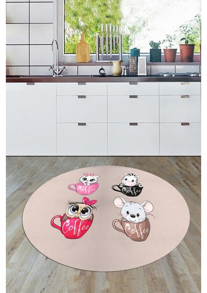 Sevimli Hayvanlar Fincan Desenli Yıkanabilir Yuvarlak Mutfak Halısı, Y-Mutfak-07-Krem,