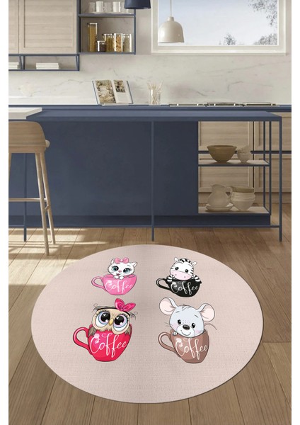 Sevimli Hayvanlar Fincan Desenli Yıkanabilir Yuvarlak Mutfak Halısı, Y-Mutfak-07-Krem, fiyatları