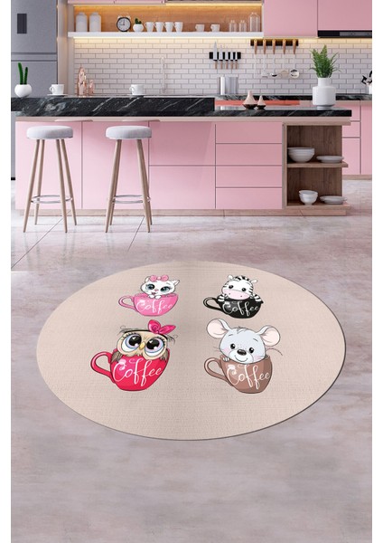 Sevimli Hayvanlar Fincan Desenli Yıkanabilir Yuvarlak Mutfak Halısı, Y-Mutfak-07-Krem, modelleri