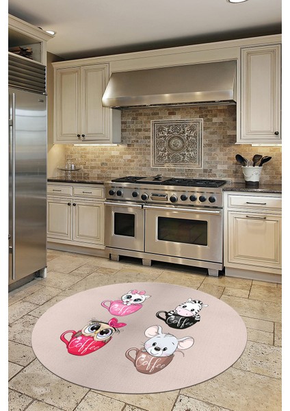 Sevimli Hayvanlar Fincan Desenli Yıkanabilir Yuvarlak Mutfak Halısı, Y-Mutfak-07-Krem, indirimleri