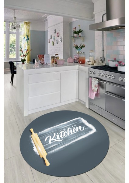 Kitchen Yazılı Merdane Desenli Yıkanabilir Yuvarlak Mutfak Halısı, Y-Mutfak-28-Gri,