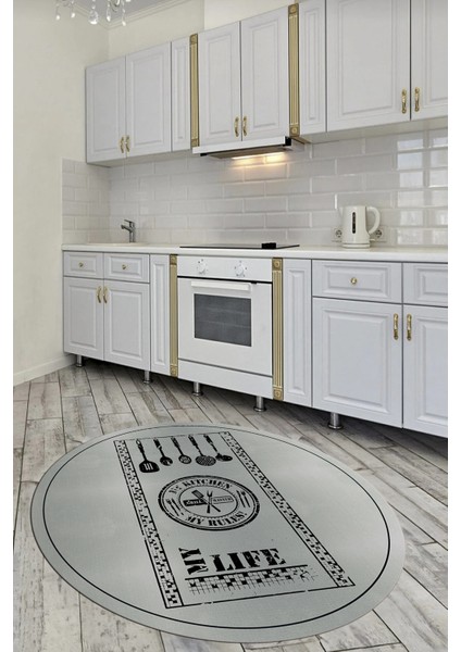 Dijital Kaymaz Taban Yıkanabilir Renkli Modern Yuvarlak Mutfak Halısı, Y-Mutfak-50-Gri,